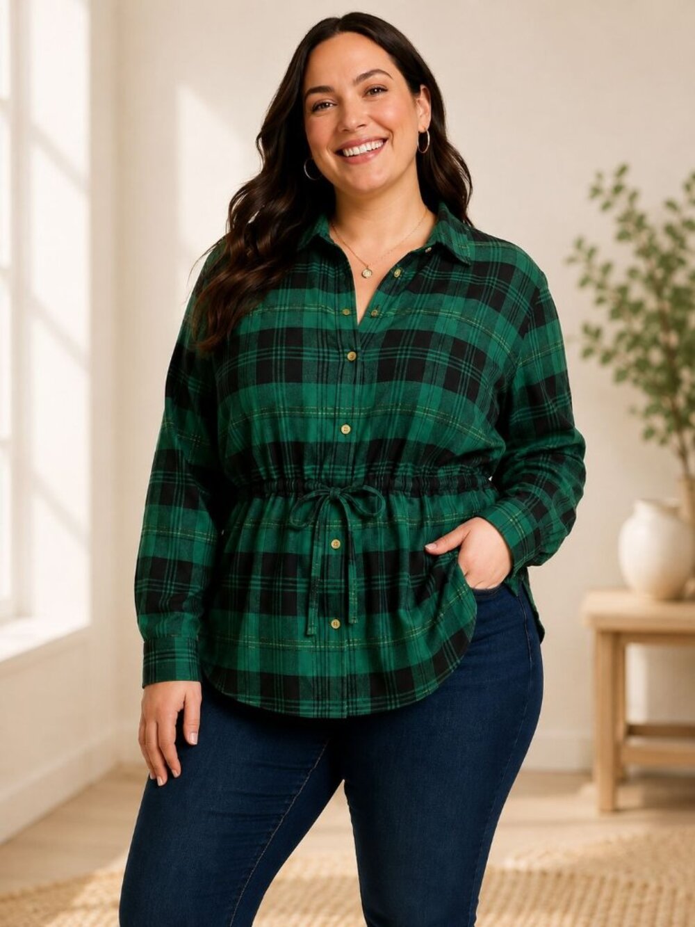 Lane Bryant Green & Black Plaid Button-Up Shirt 14/16 Drawstring Waist Long Slee